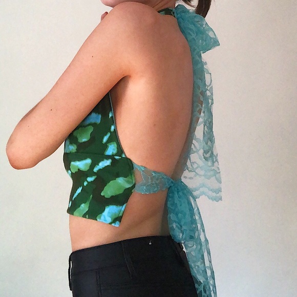 Handmade Blue Green Backless Halter Top - Lace Tie - Picture 3 of 4